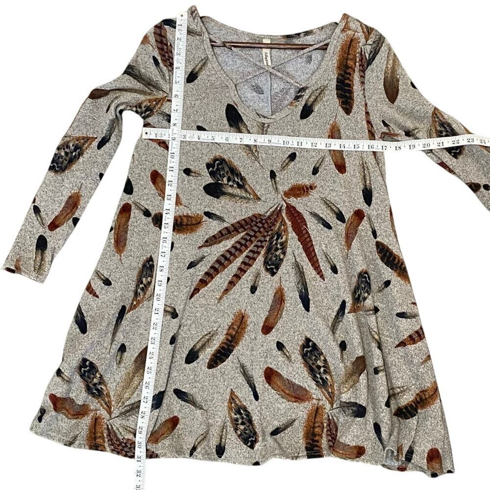 Lilypad Feather Print Swing Dress S Criss Cross Neck A-Line Mini - Picture 4 of 6